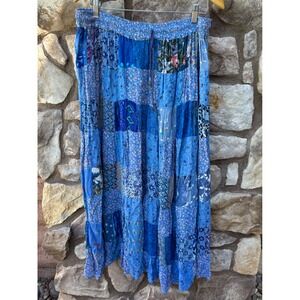 Floral Patchwork Maxi Skirt Blue Rayon Boho One Size Made in India Bloomcore